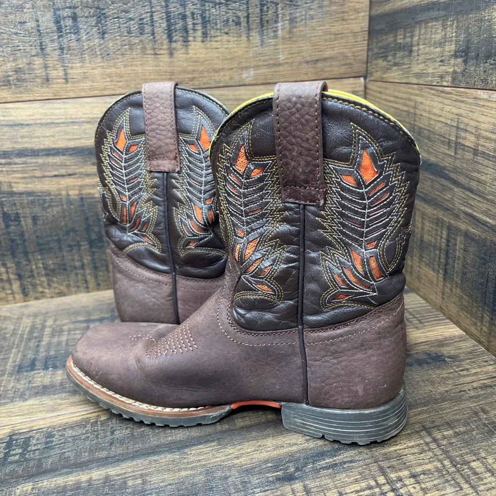 El General Cowboy Boots Kids Size 12 Brown‎ Leather Orange Embroidery Lug Sole